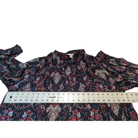 H&M Womens 12 Multicolor Blouse Paisley Red Blue White Button Up V Neck - Picture 4 of 13